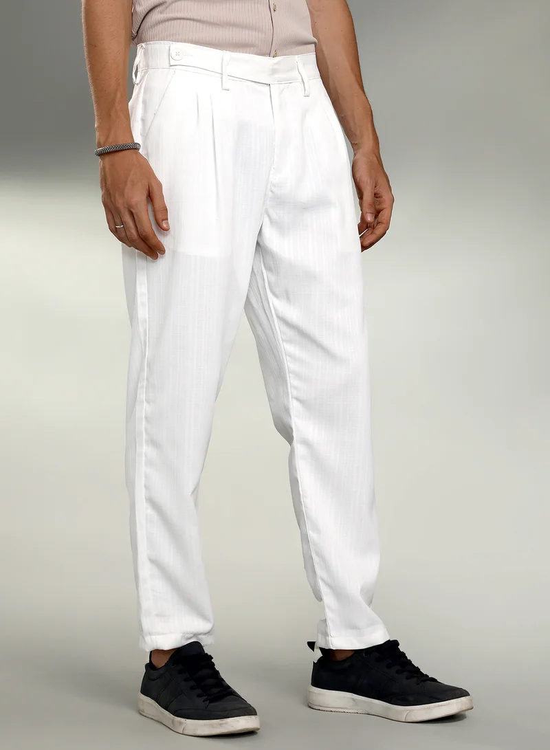 Campus Sutra  Men's Cream White Pleated Tailored Trousers For Casual Wear | Mid-Rise | 3 Pockets | Button Closure | Trousers Crafted With Comfort Fit For Everyday Wear for Men | Best Price UAE